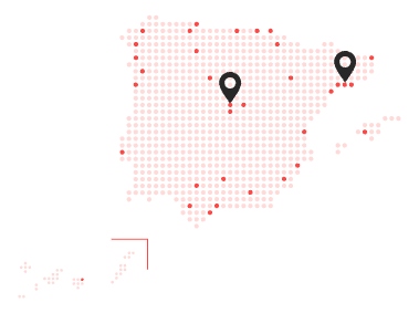 Mapa de España con centros en Madrid y Barcelona